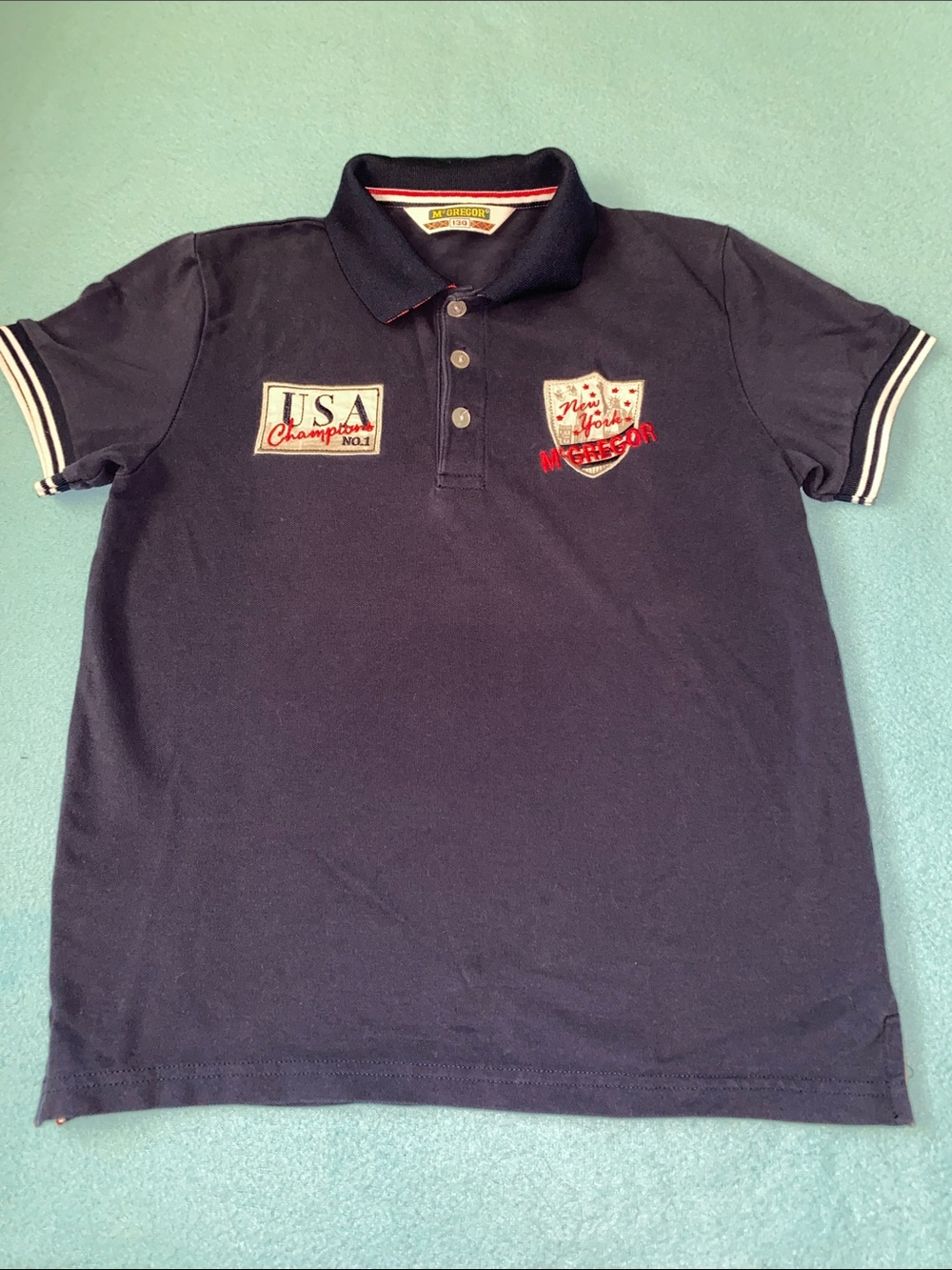 MCGREGOR pique polo short sleeve navy blue USA NEW YORK patches cotton size 7-8